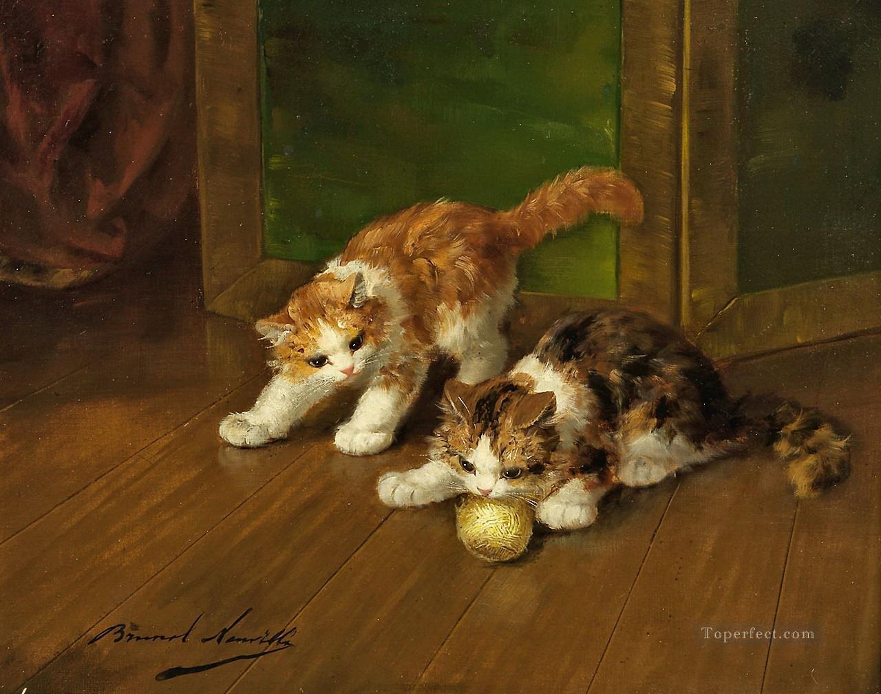 chatons jouant un point d’écoute Alfred Brunel de Neuville Peintures à l'huile